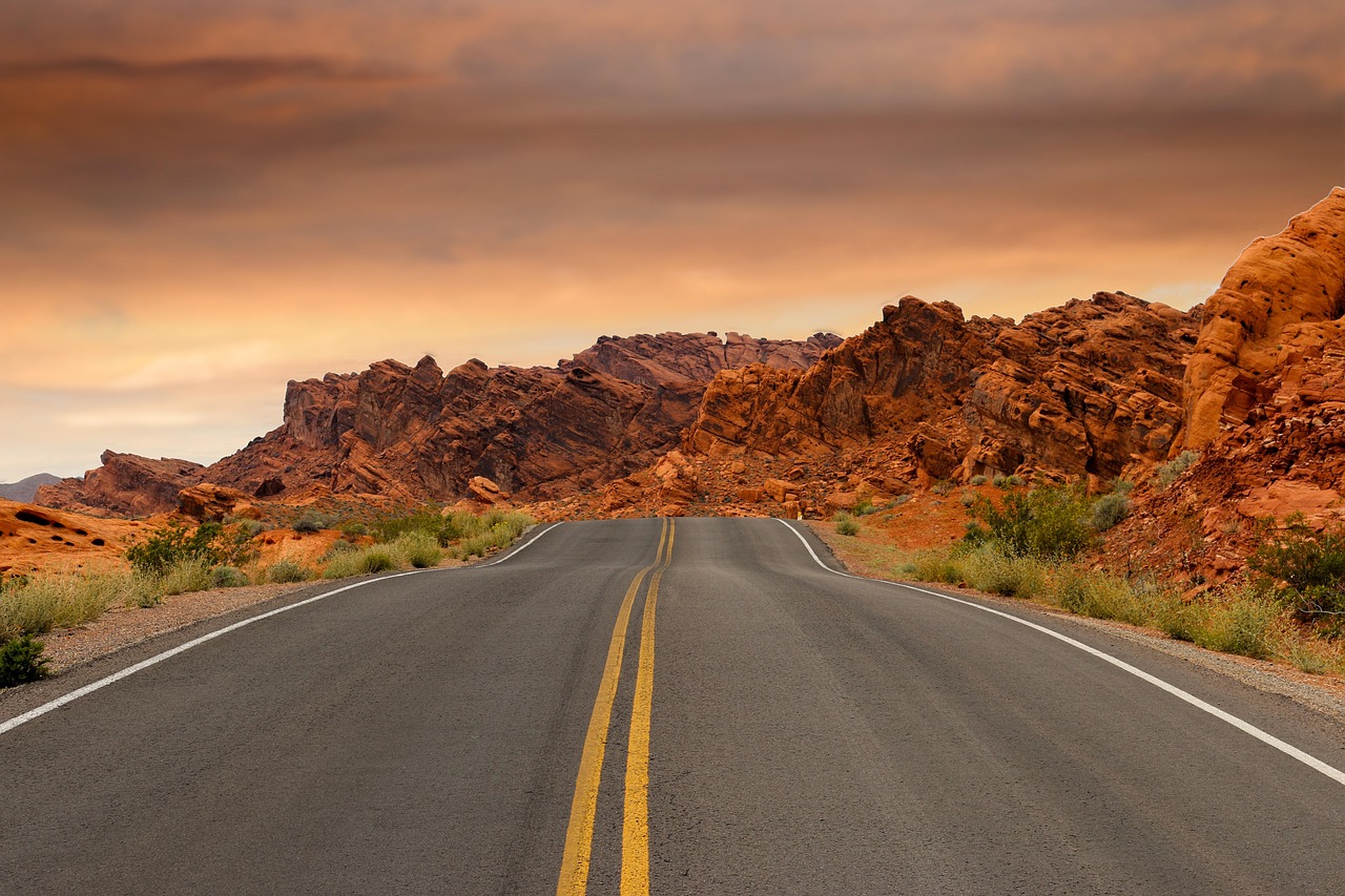 road, sandstone, sunset, nature, pavement, dusk, red rocks, rock formations, rocks, desert, landscape, arid, outdoors, scenic, utah, nevada, usa