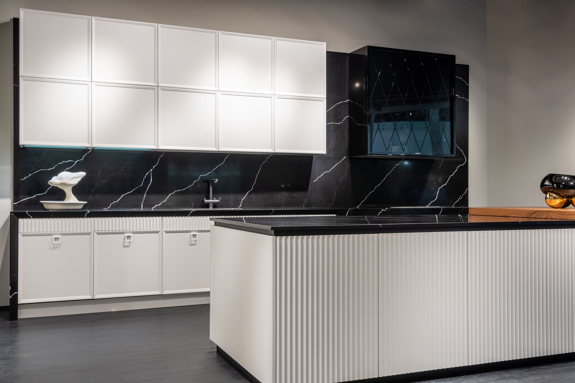 Contemporary kitchen interior design with empty white and black furniture in modern stylish apartment