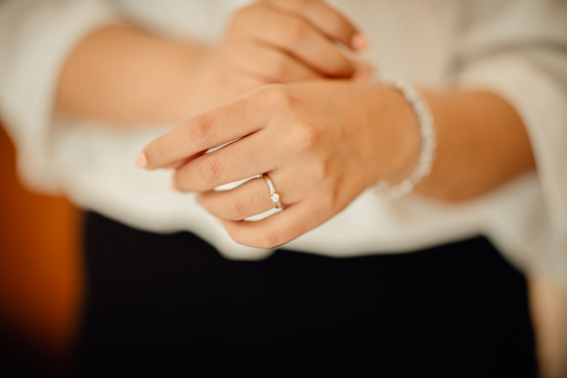 Close-up of an elegant woman's hand wearing a diamond ring, symbolizing elegance and style.