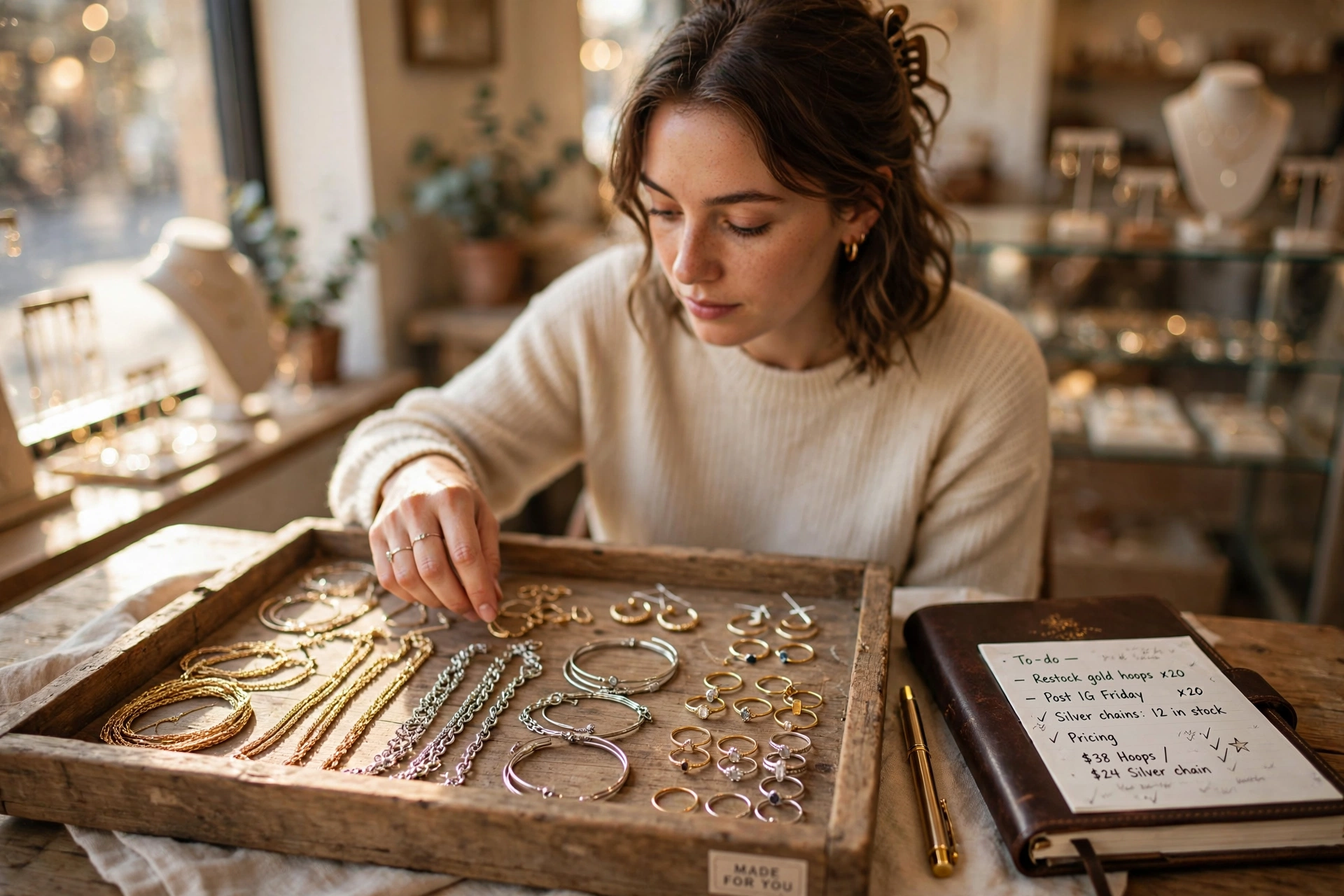 woman styling jewelry
