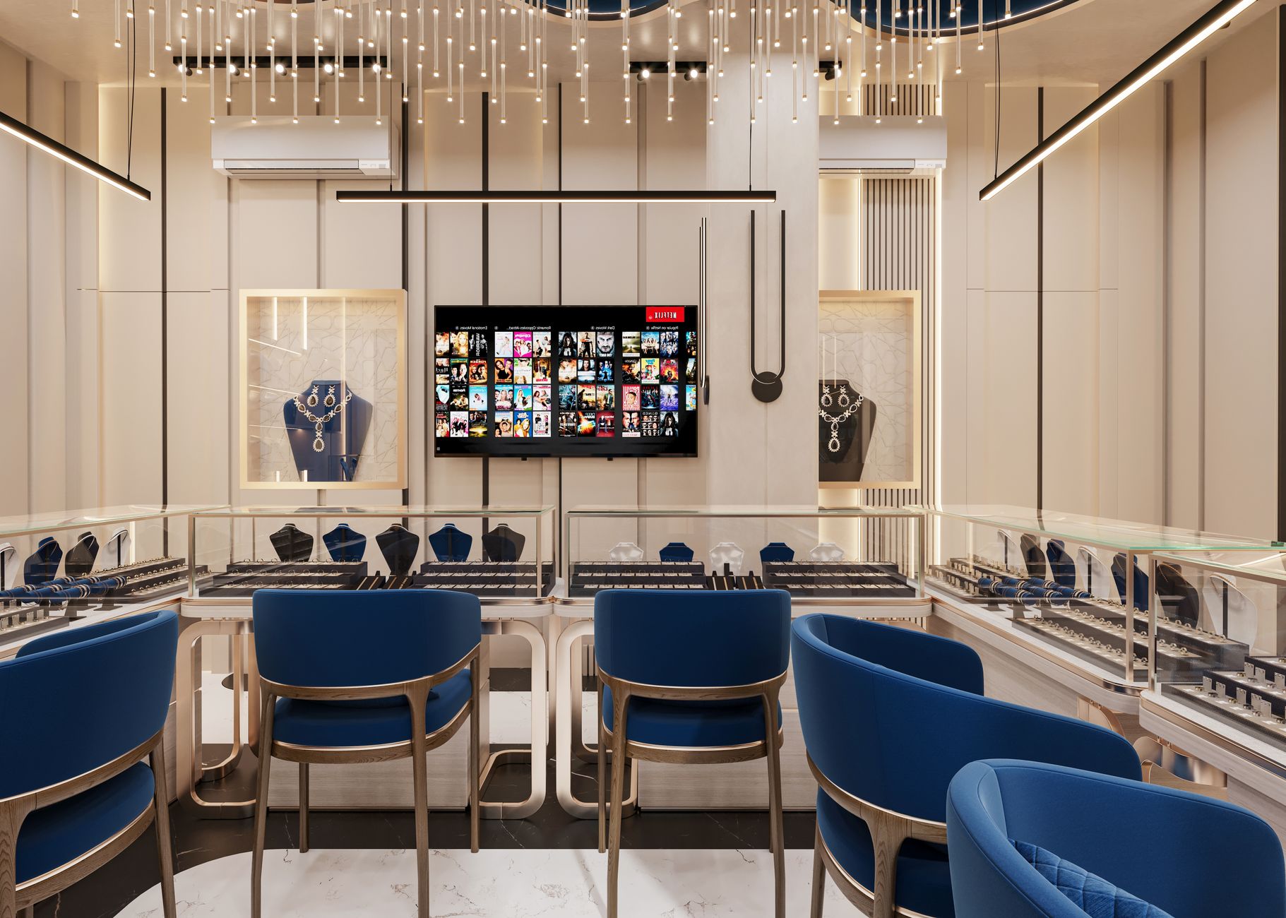 Modern jewelry store interior with elegant lighting and blue seating, showcasing luxury items in display cases.