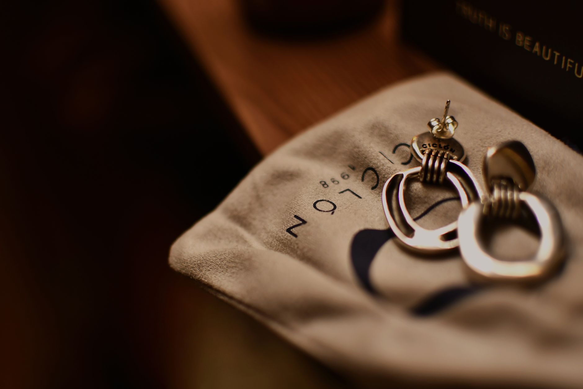 A stylish close-up of golden earrings displayed on a branded velvet pouch, showcasing luxury jewelry.