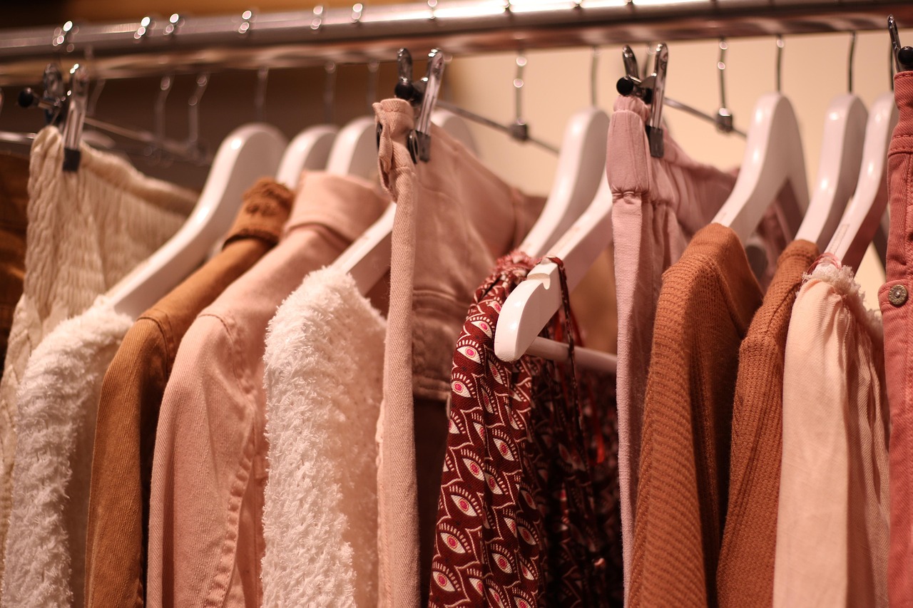 clothes, hangers, shop, shopping, boutique, shirts, brown shopping, brown clothes, brown shop