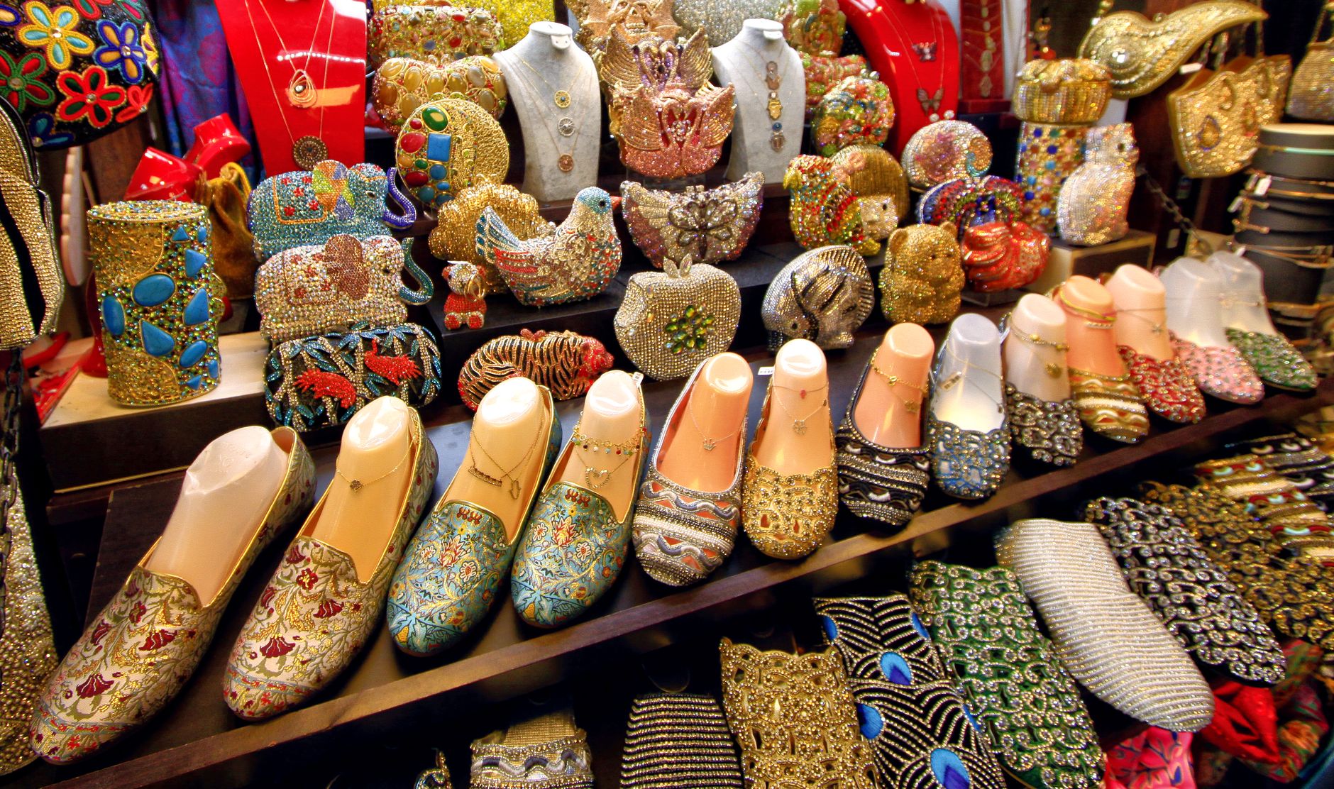 Vibrant display of handmade traditional accessories at a cultural market stall.