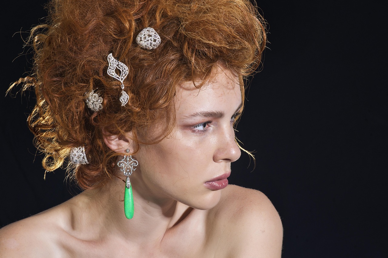 red, hair, portrait, make-up, woman, model, sweet girl, young girl, fashion, youth, model beauty, adult, young model, eyes, beauty, lips, eyelash, to look, passion, beautiful, people, human, view, face, young women, person, girl, aesthetic, innocence, lady, gift of jewelry, nose, composition, design, decor, detail, diamond, green, necklace, souvenir, product, style, expensive, bride, chic, jade, rich, emerald, marriage, luxury, genre, precious