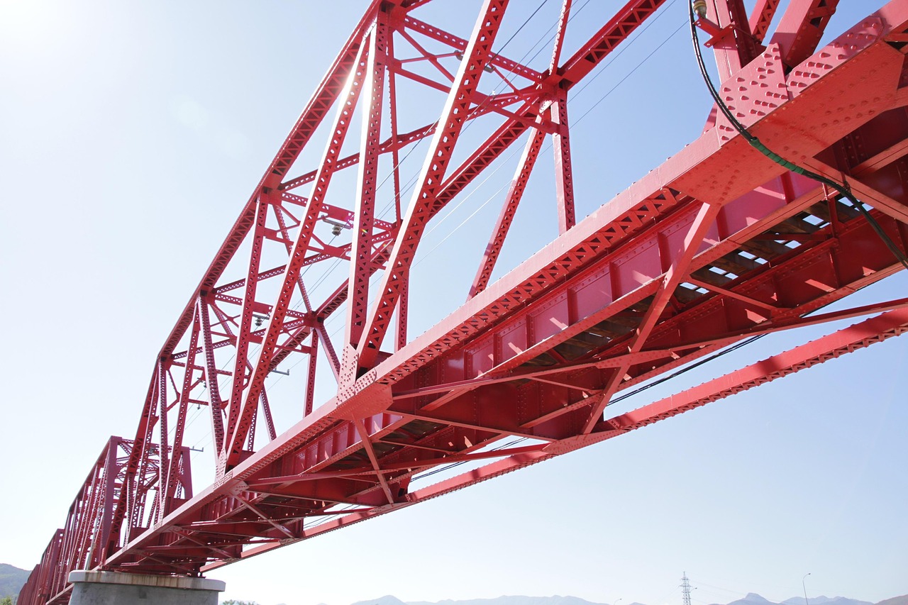 iron bridge, steel frame, vivid, rivet, perspective, appearance, wide angle