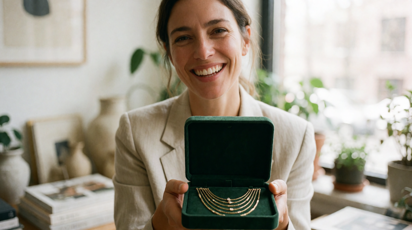 Empreendedora sorrindo com estojo de semijoias Brilhuz