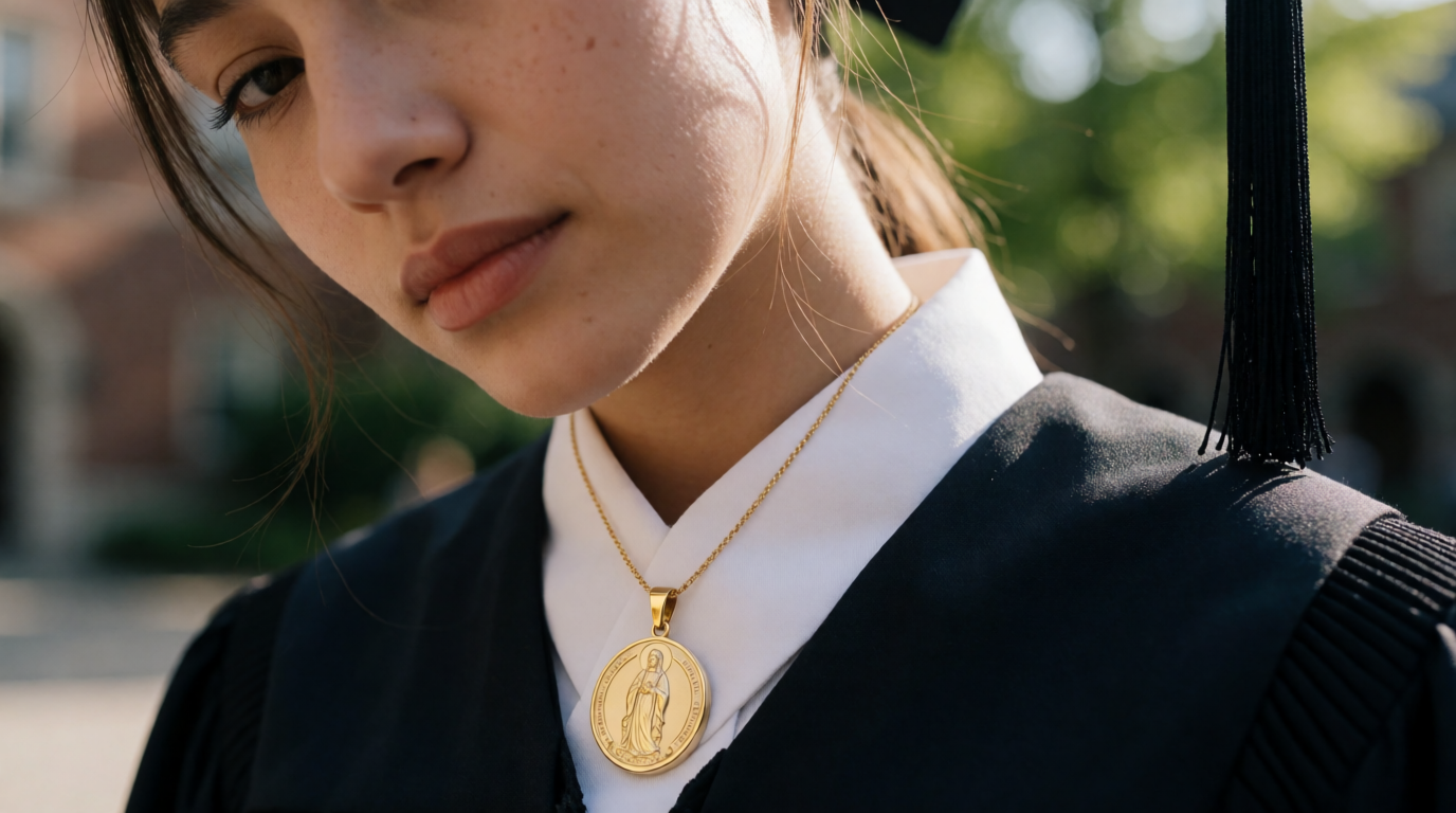 Jovem usando medalhão religioso em formatura
