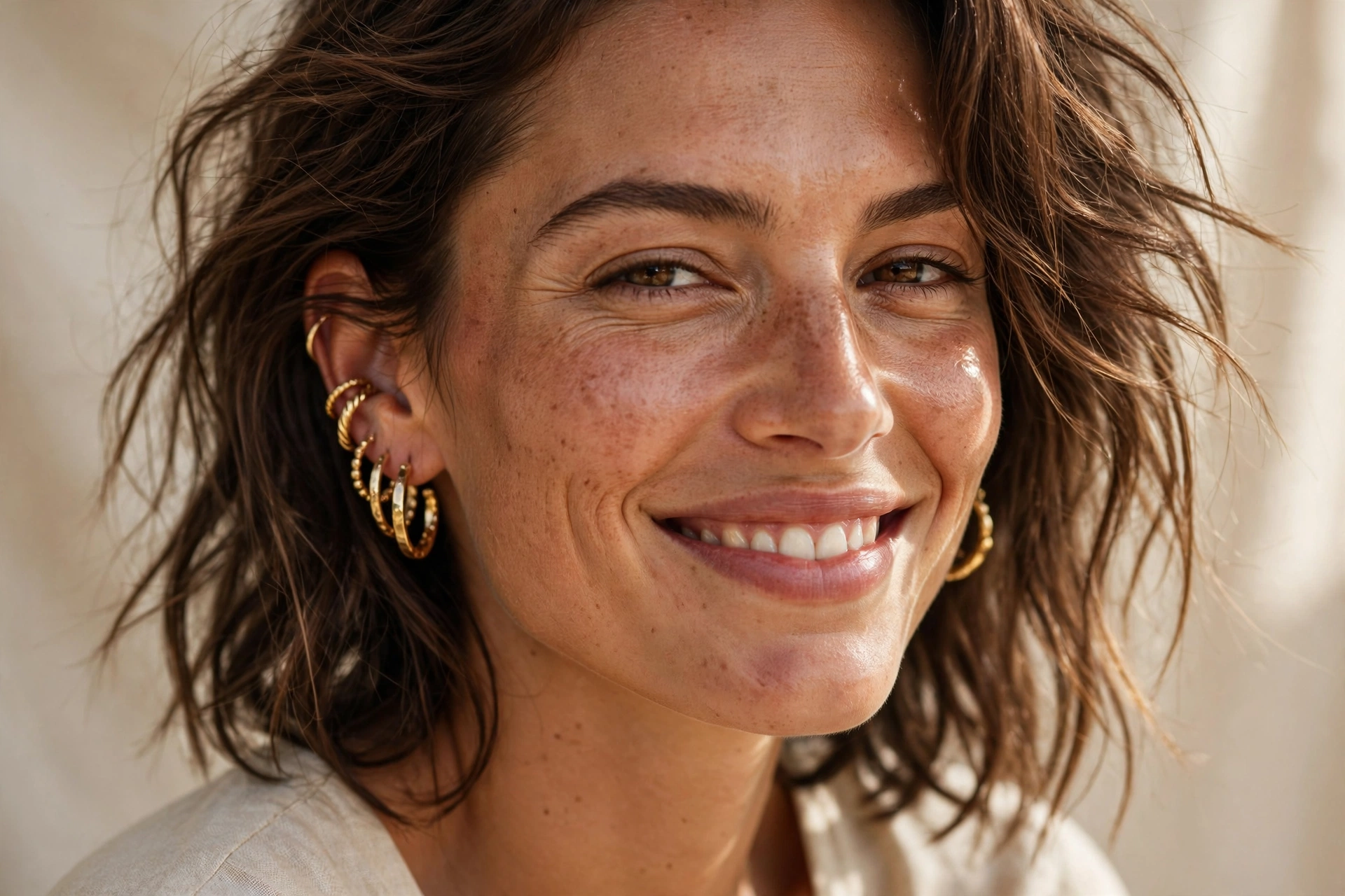 Mulher sorrindo exibindo mix de brincos de argola na orelha