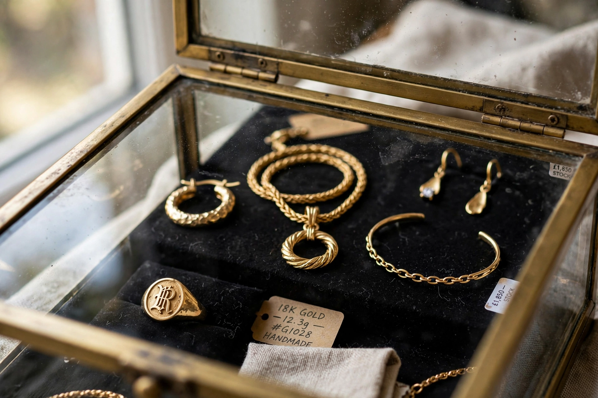Maleta de semijoias aberta exibindo chokers e colares de ouro