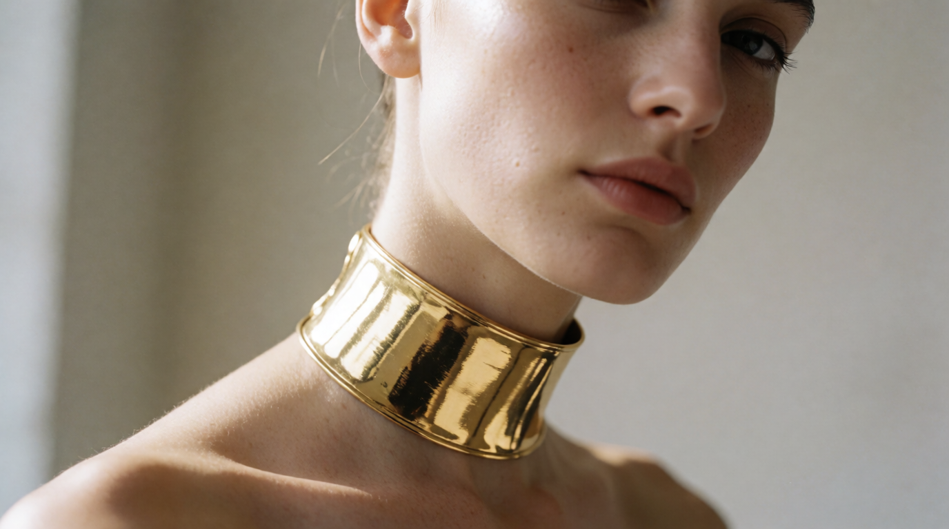 Mulher usando choker de ouro 18k em um ensaio de moda