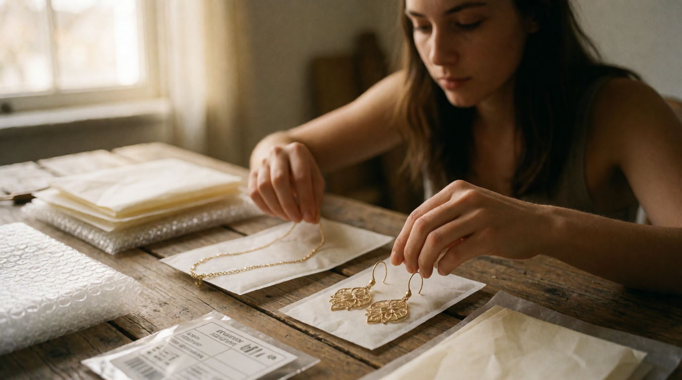 Mulher embalando semijoias para envio pelos correios