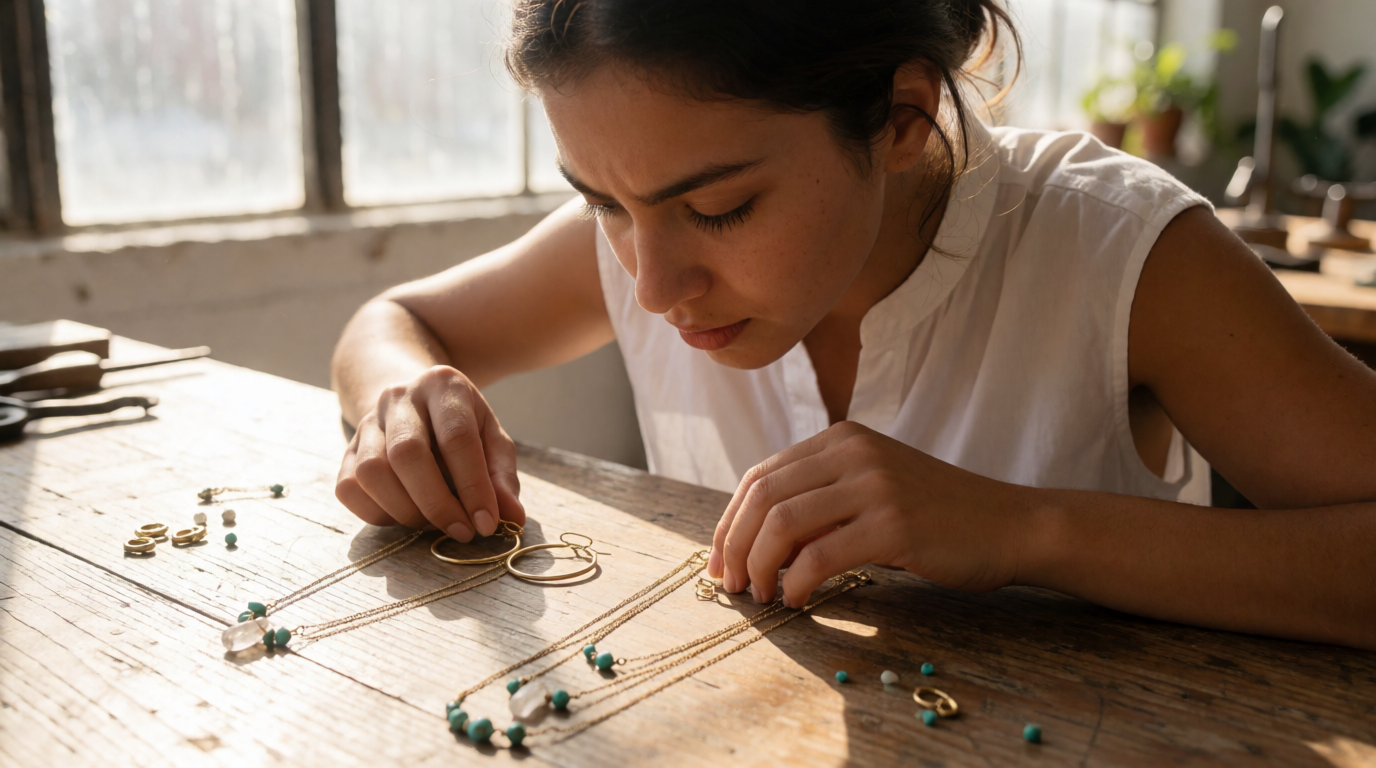 Mulher comparando dois kits de semijoias em mesa de trabalho
