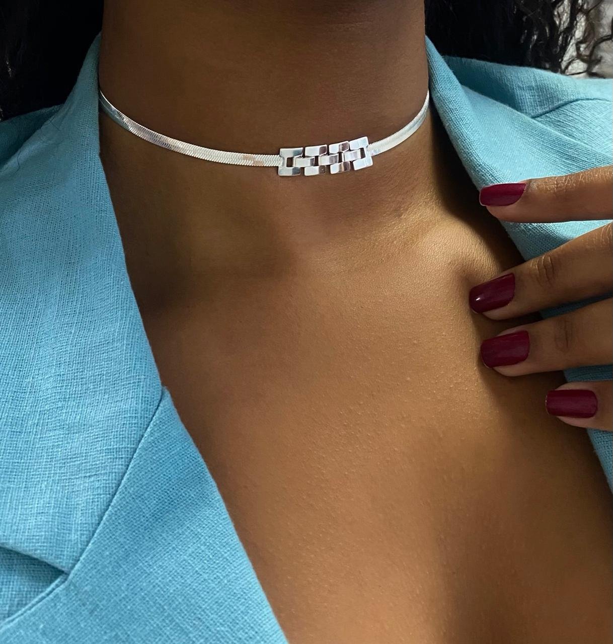CHOKER FITA PRATA COM ELO RELÓGIO
