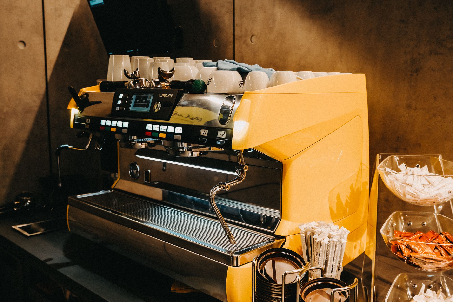 A contemporary espresso machine in a stylish Istanbul café. Ideal for coffee lovers.