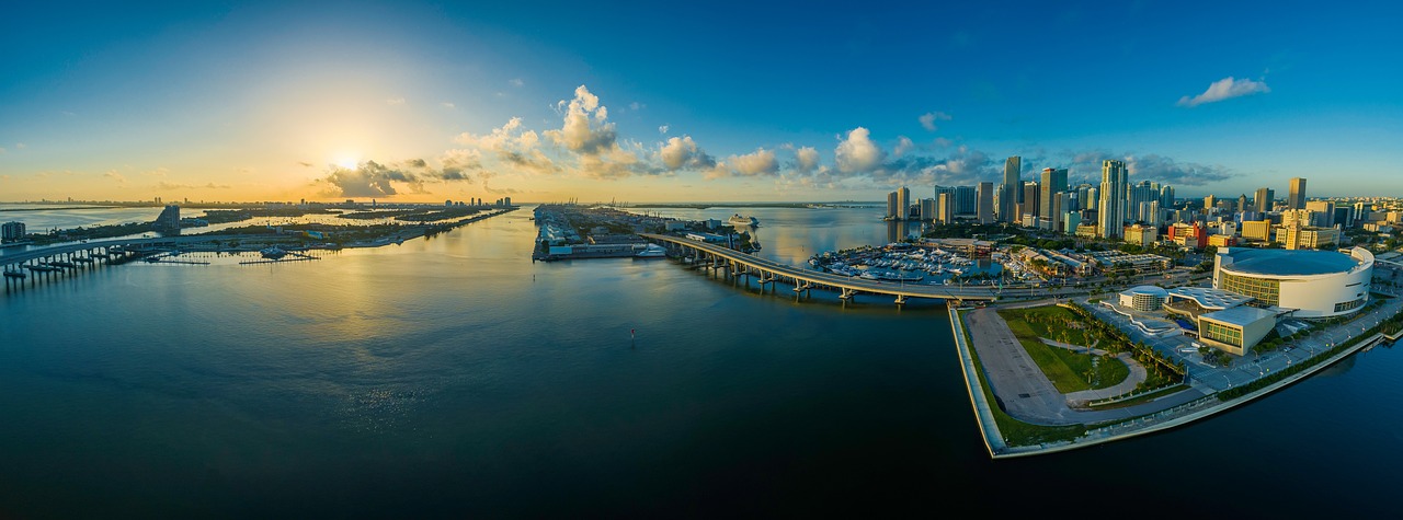 panorama, miami, city, skyline, buildings, structures, infrastructures, cityscape, panoramic, waterfront, florida, nature, water, usa, architecture, america, sunset, urban, travel, ocean, dusk, famous, landscape, urban landscape