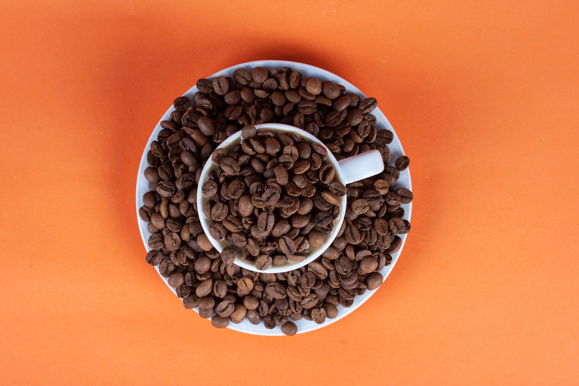 A cup filled with coffee beans on a saucer against an orange background viewed from above.