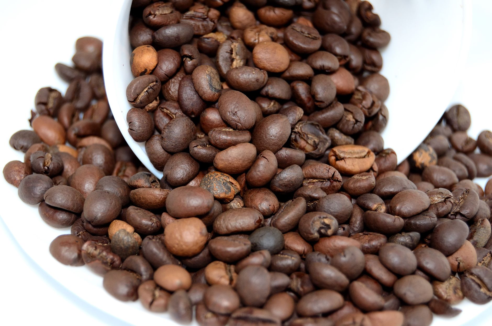 A detailed close-up of roasted coffee beans pouring from a white cup onto a surface.