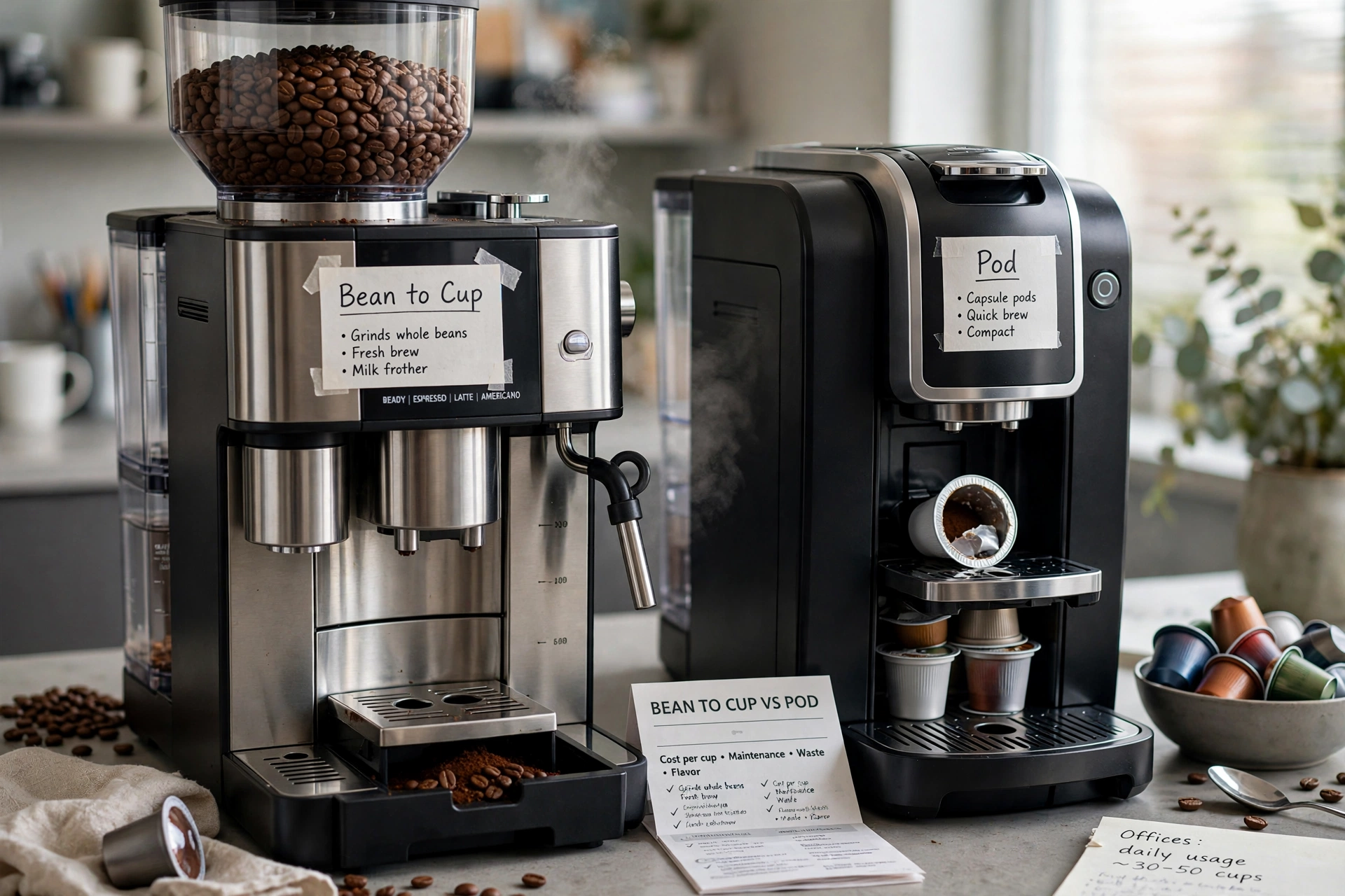 commercial coffee service bean cup vs pod machines