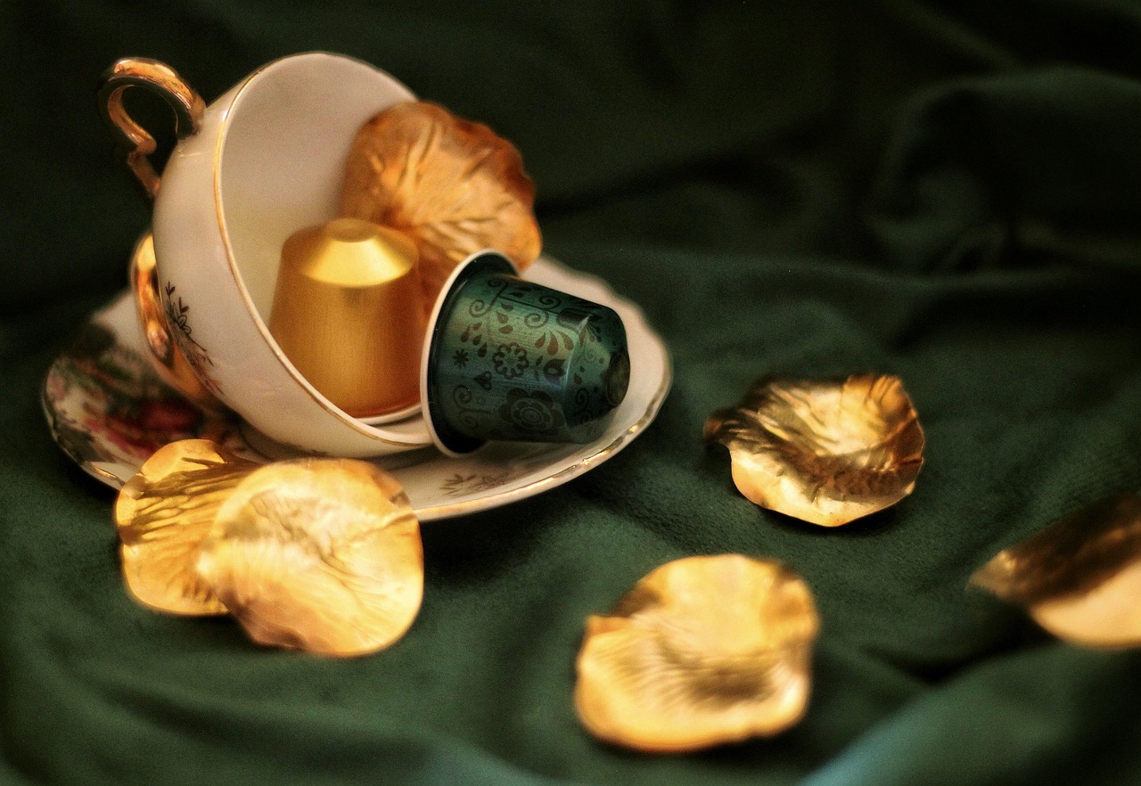 coffee, capsule, gold, green, elegant, cup, coffee cup, petal, still life, coffee pod