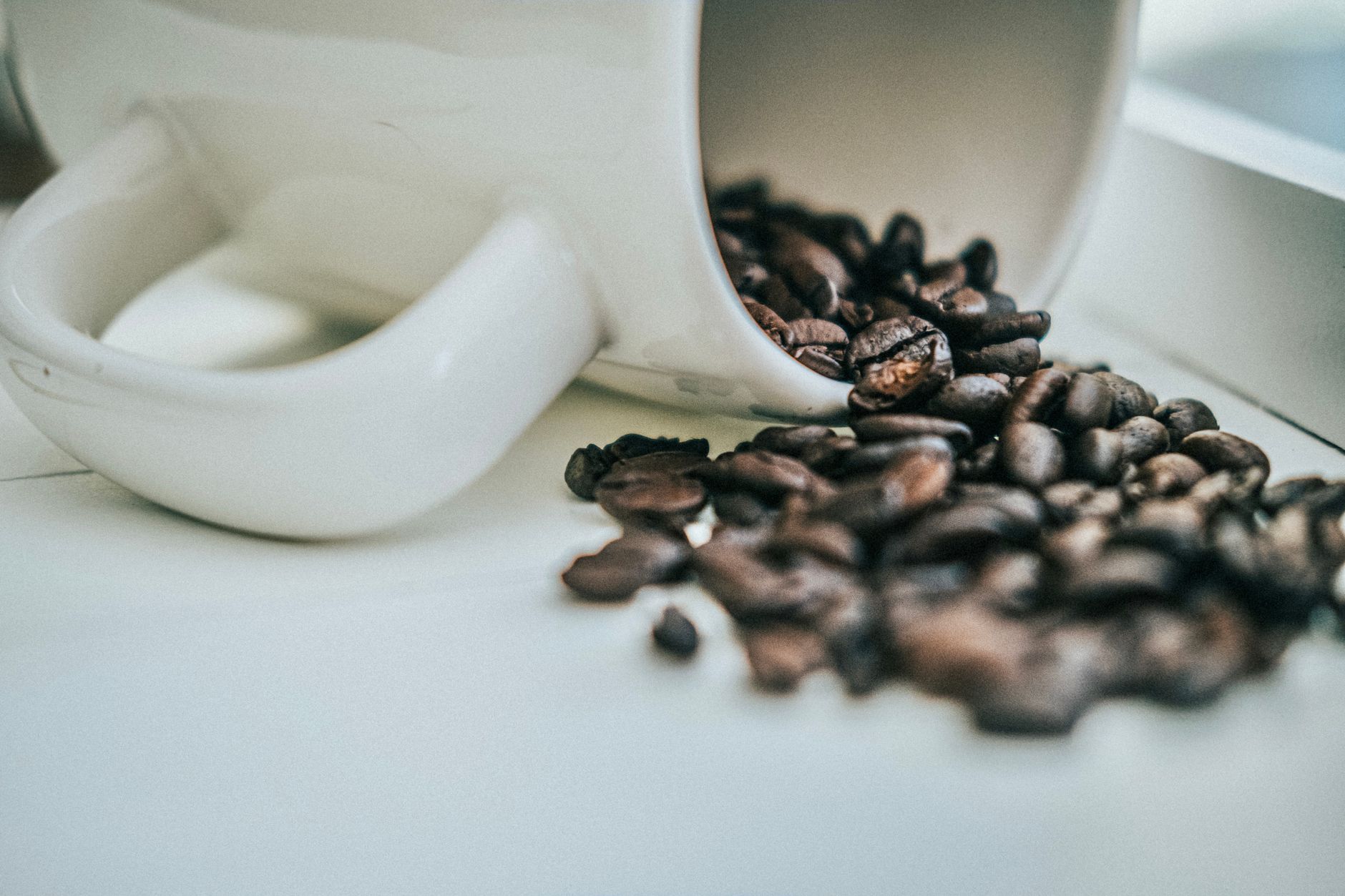 Close-up of coffee beans spilling from a white mug. Rustic and warm atmosphere.