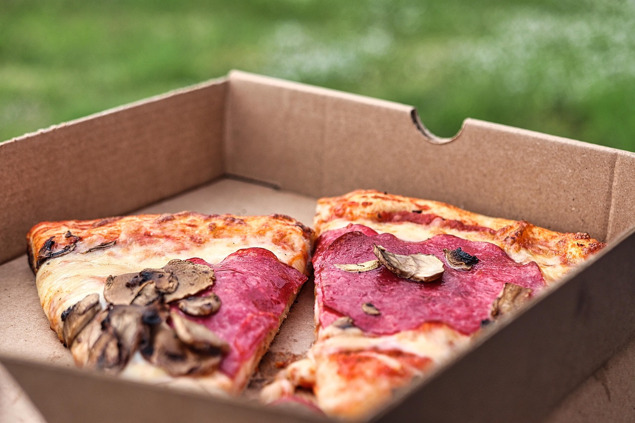 pizza, slice, salami, mushrooms, cheese, box, delivery service, gastronomy, packaging, cardboard