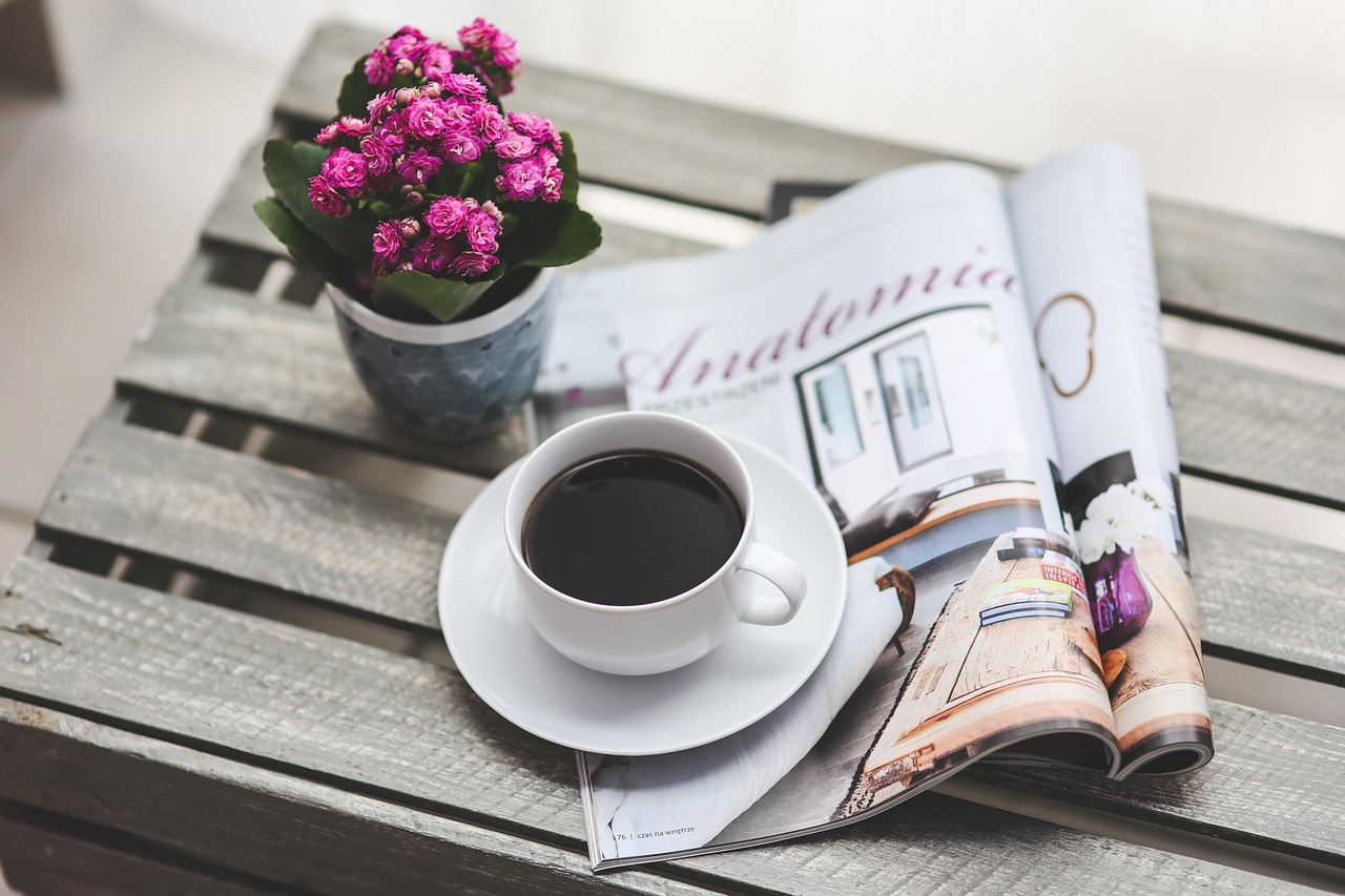 coffee, magazine, newspaper, read, reading, flower wallpaper, free time, nature, beautiful flowers, after work, flower background, flower