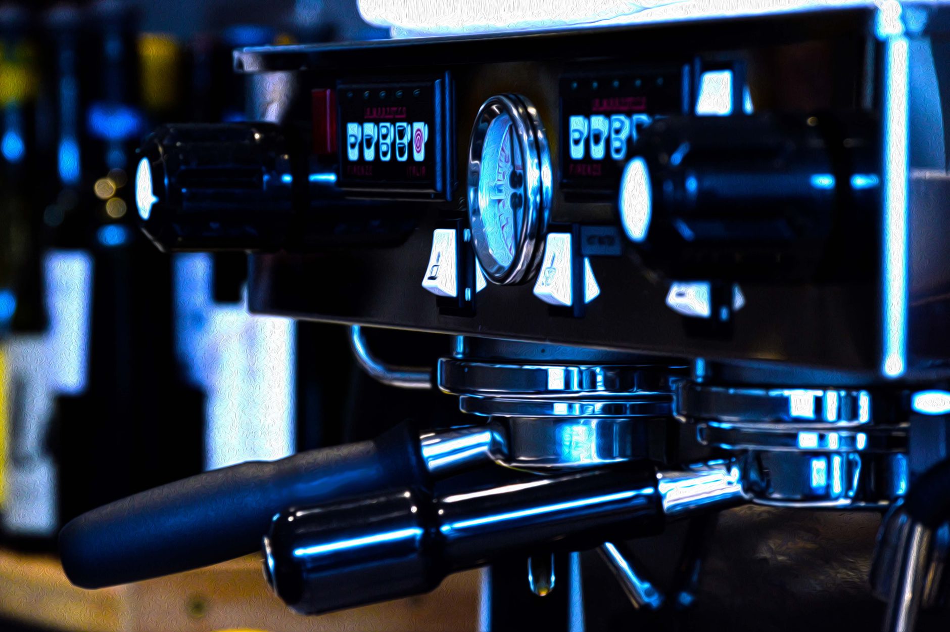 Stylish close-up of a professional espresso machine, ideal for coffee enthusiasts and cafe scenes.
