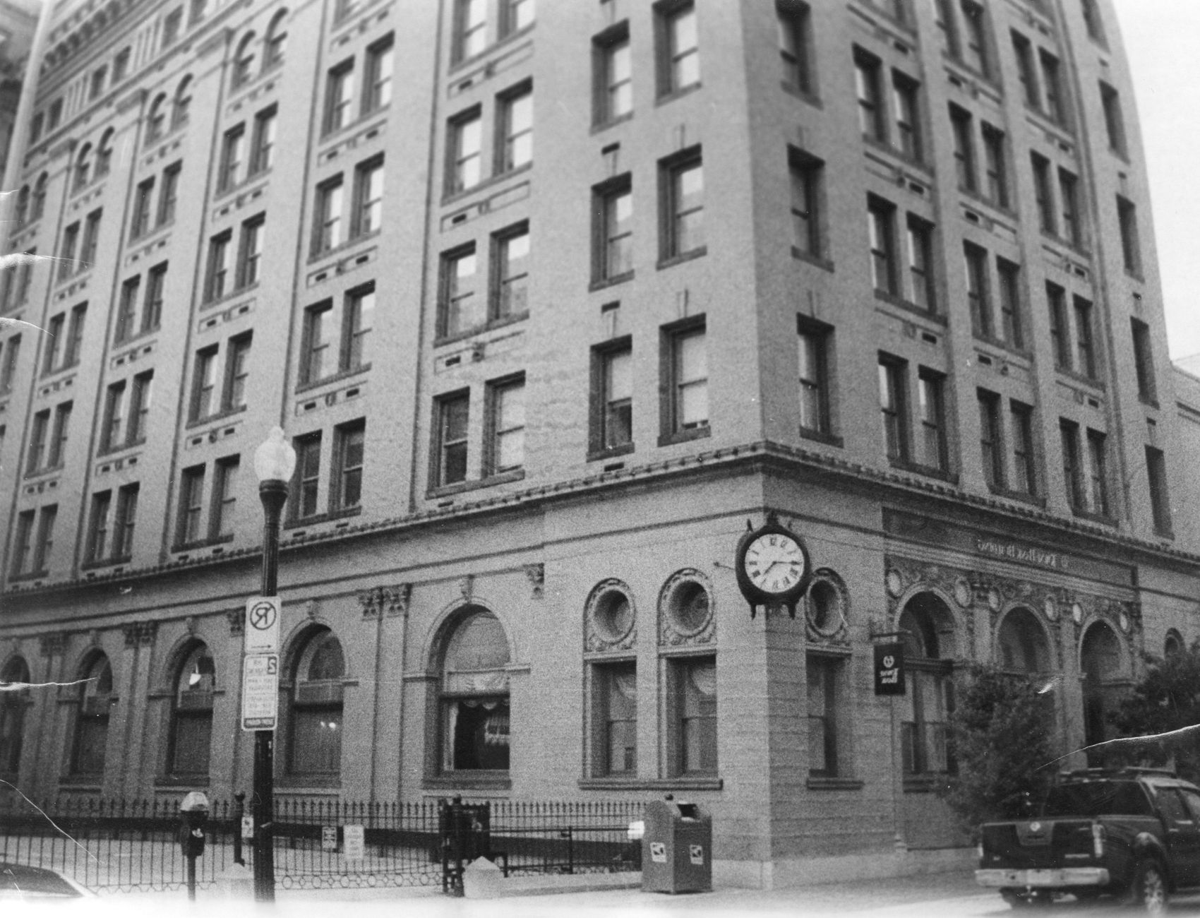 Black and white photo of a historic building in Norfolk, Virginia showcasing classic architecture.