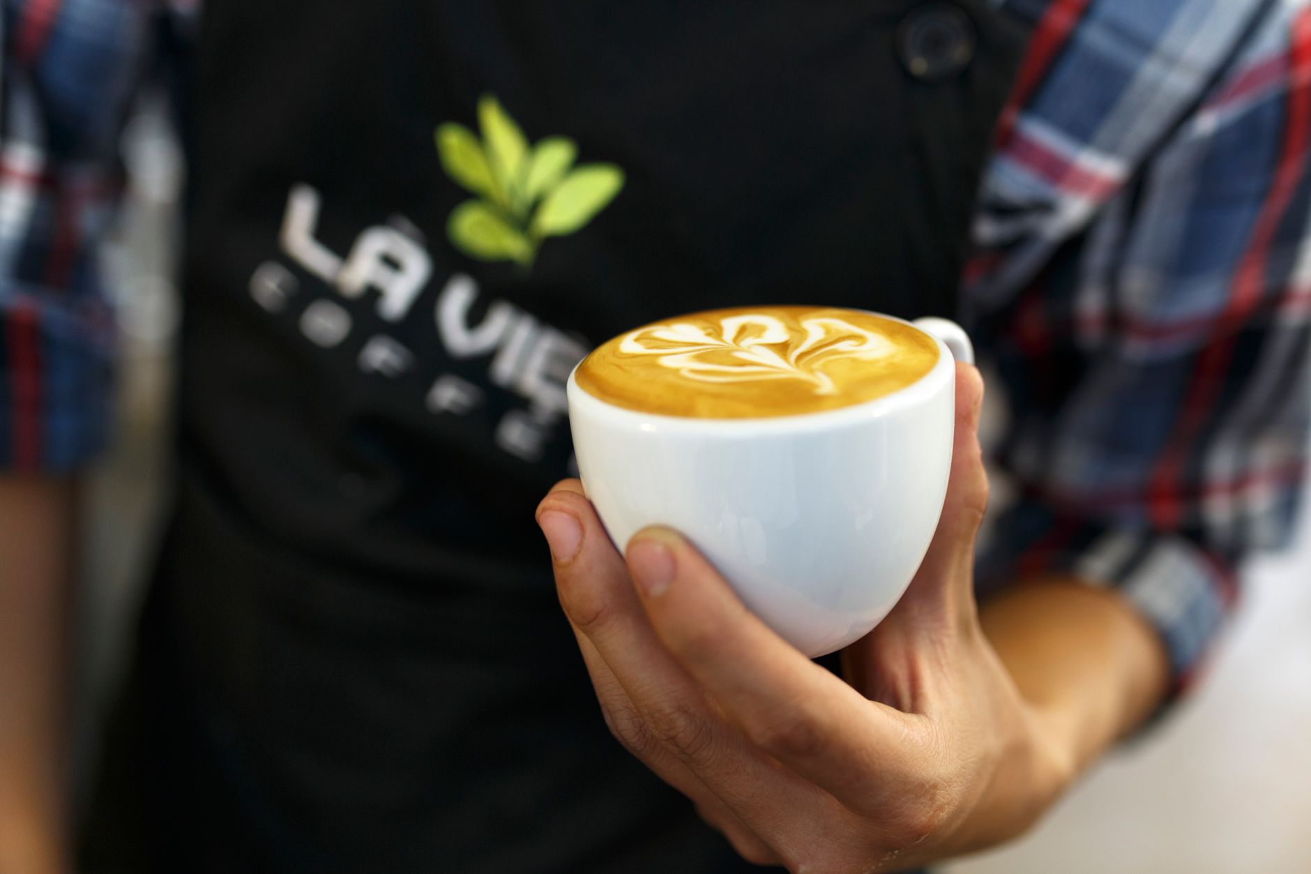 Barista showcasing a cappuccino with intricate latte art in a cozy cafe setting.