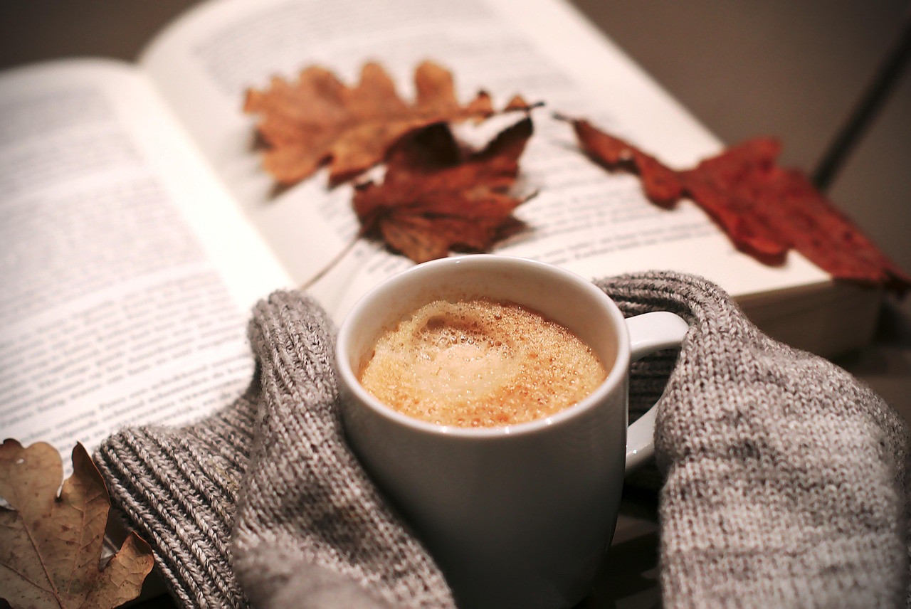 drink, coffee, nature, food, leaves, autumn, book, coffee cup, sweater, mug, relaxation, cozy