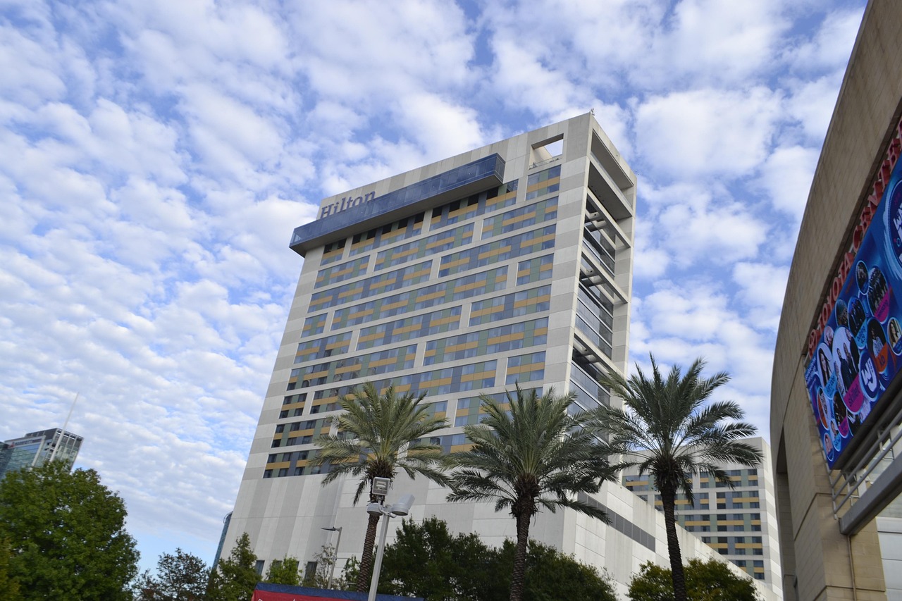 building, hilton hotel, palm trees, vacation, commercial, tropical, weather, clouds, city, holiday, summer, resort, relax, leisure, paradise, nature, travel, houston, texas
