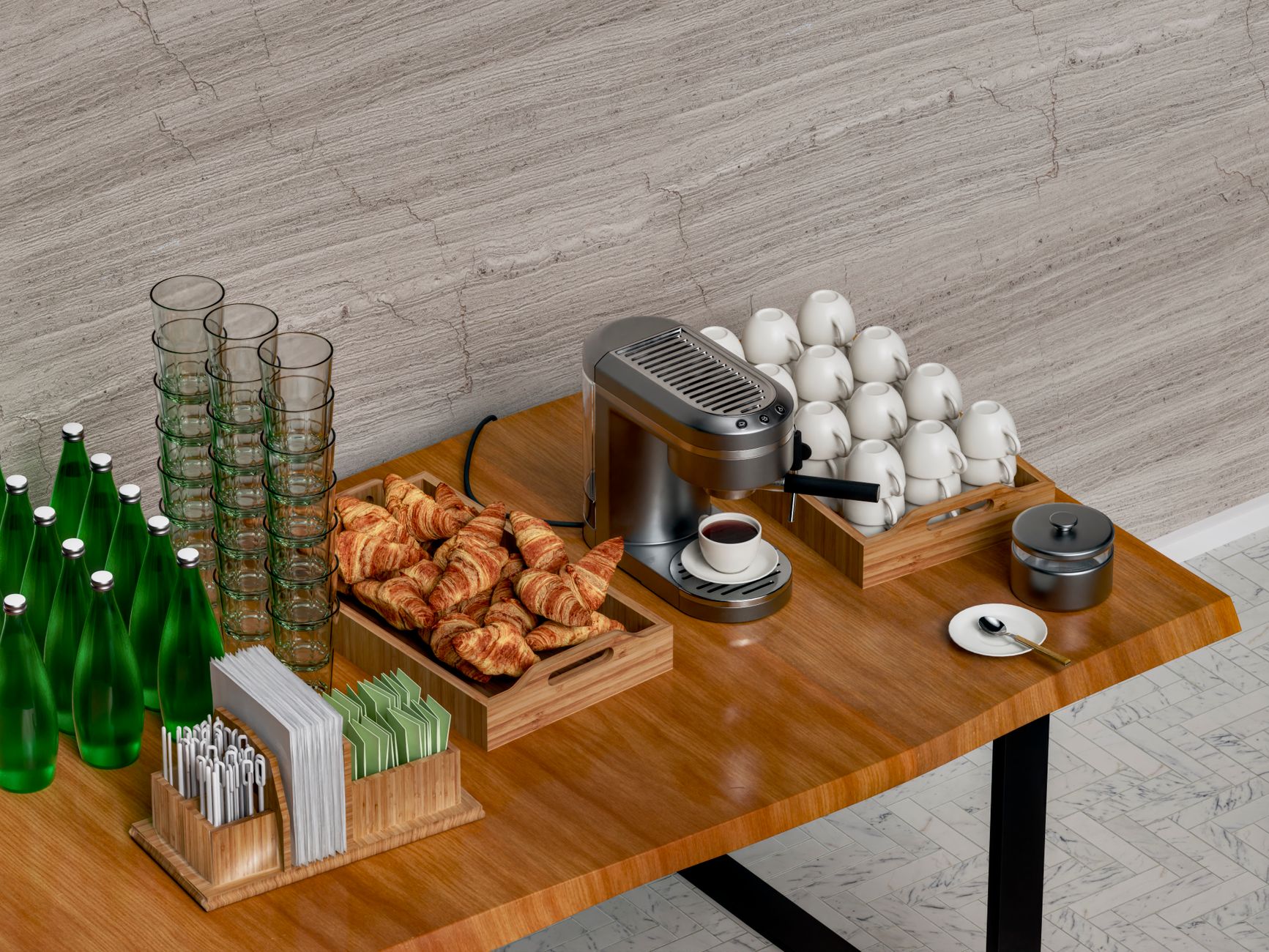 A stylish breakfast setting with croissants, coffee machine, and glasses on a wooden table.
