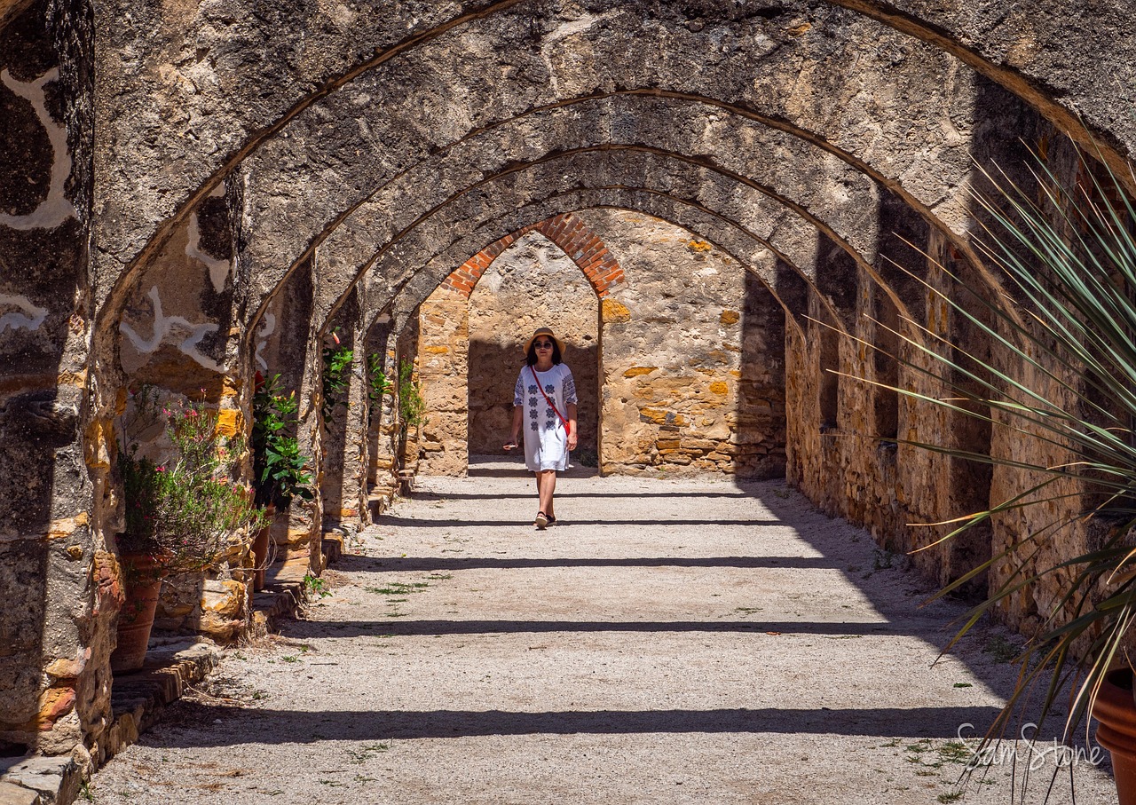 woman, travel, tourism, exploration, mission san jose, architecture, historic