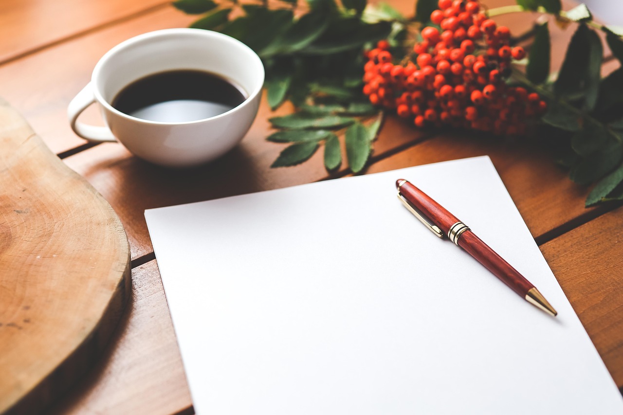 blank, paper, pen, coffee, work, working, desk, wooden table, page, note, blank page, blank paper, white, coffee cup, cup, workspace, workplace