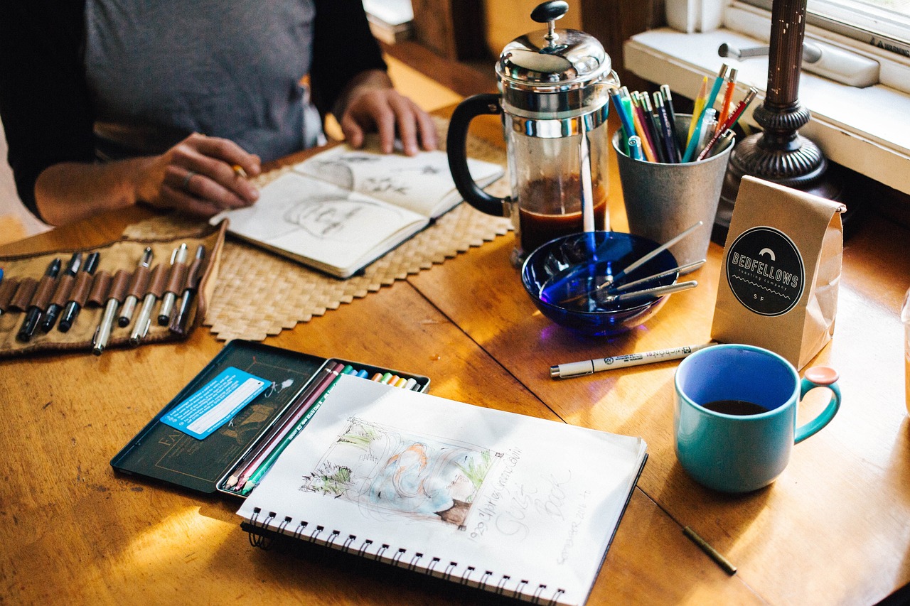 people, man, drawing, artist, notebook, pens, paint, coffee, drink, relax, wooden, drawing, drawing, drawing, drawing, drawing, artist, artist, artist, artist, coffee