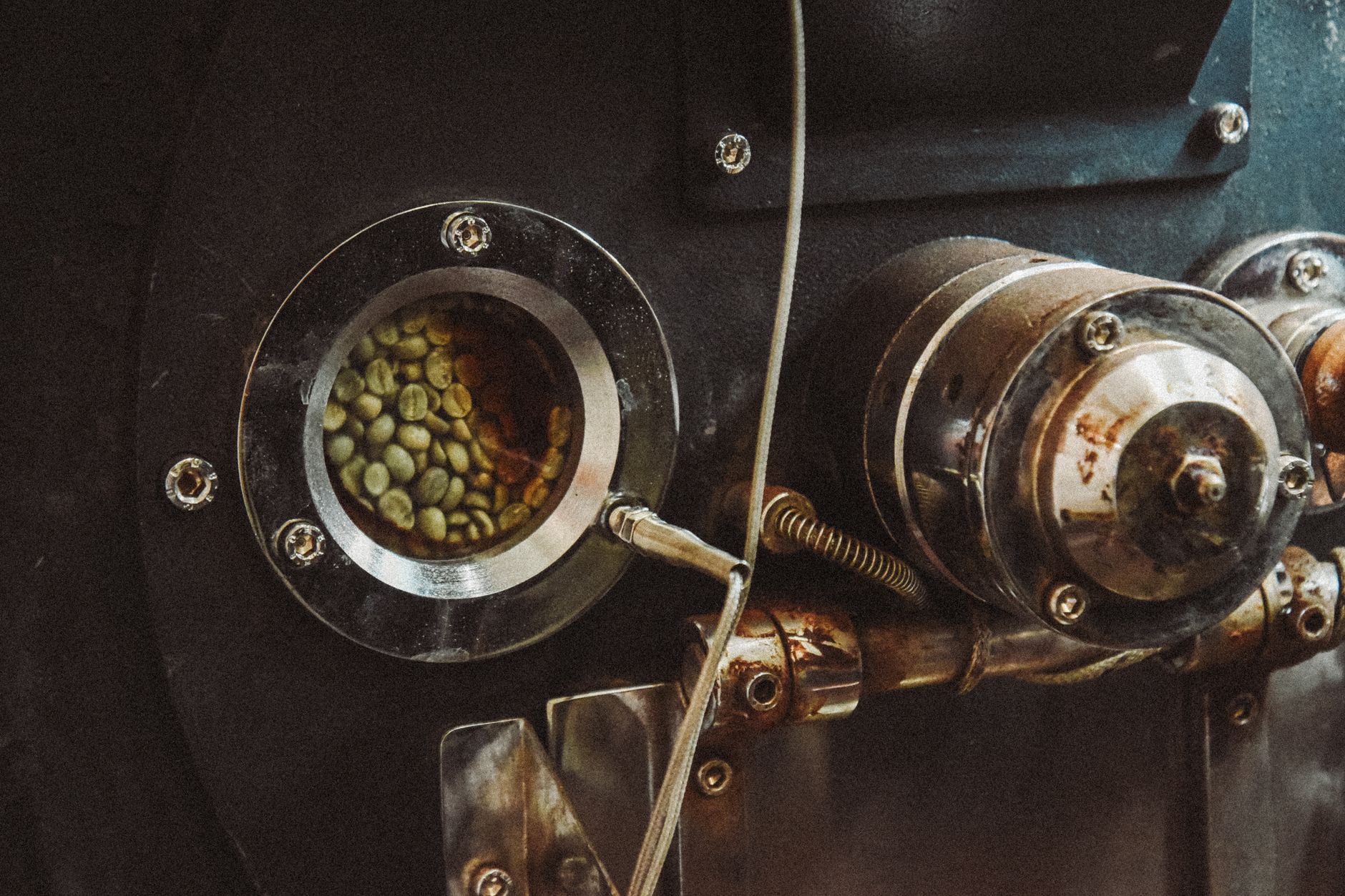 Detailed view of a coffee roasting machine's chamber filled with green coffee beans ready for roasting.