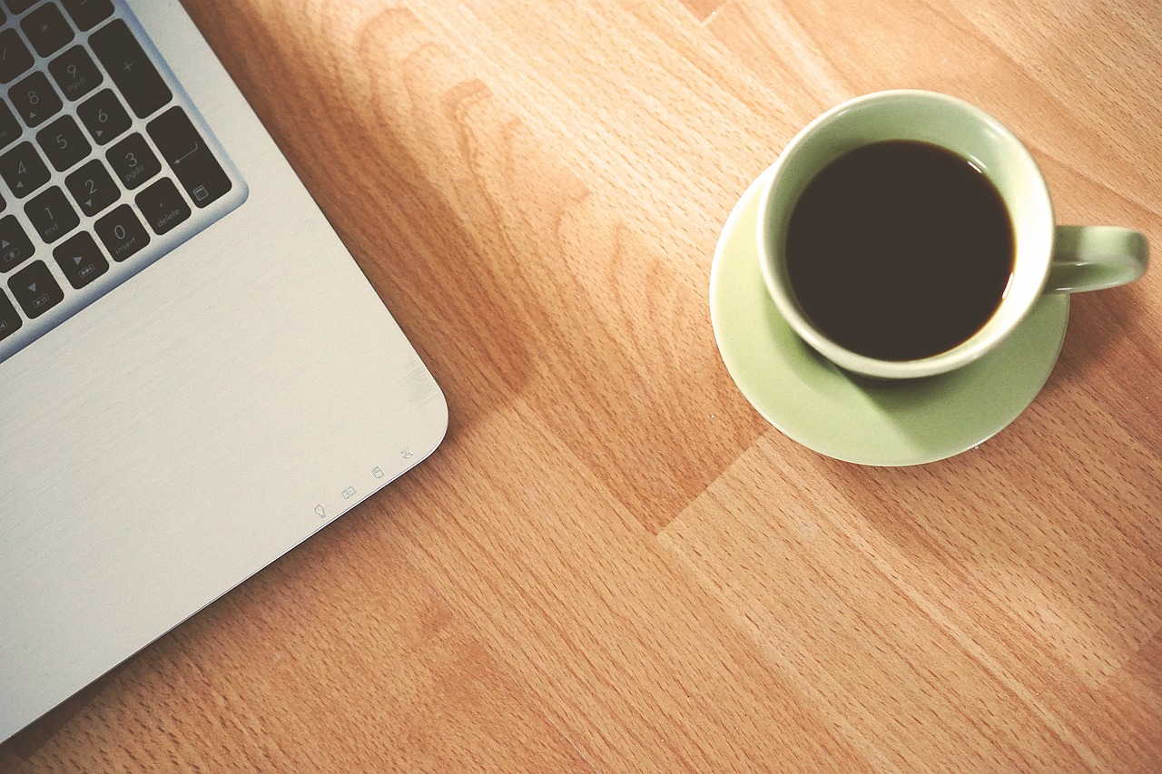 office, computer, office desk, portable, coffee cup, coffee, cup, workstation