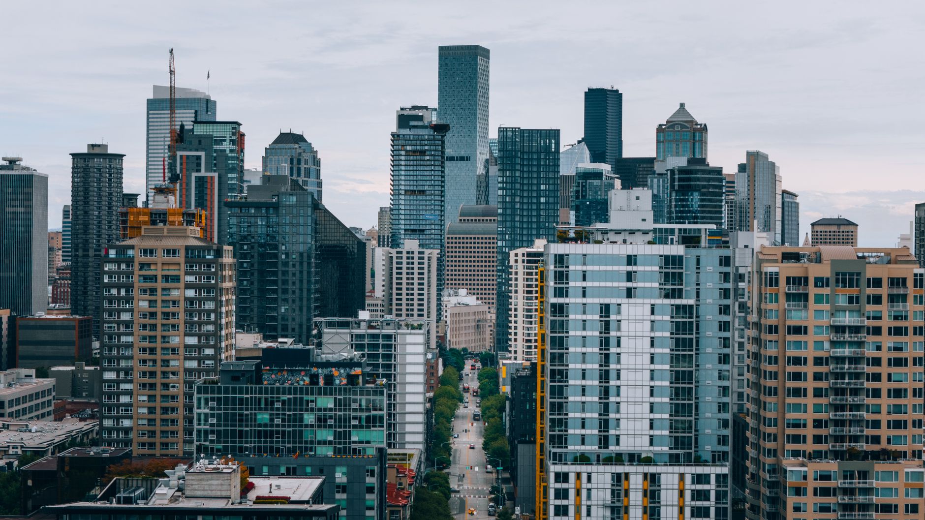 Aerial view of Seattle's downtown skyline showcasing modern skyscrapers and urban architecture.