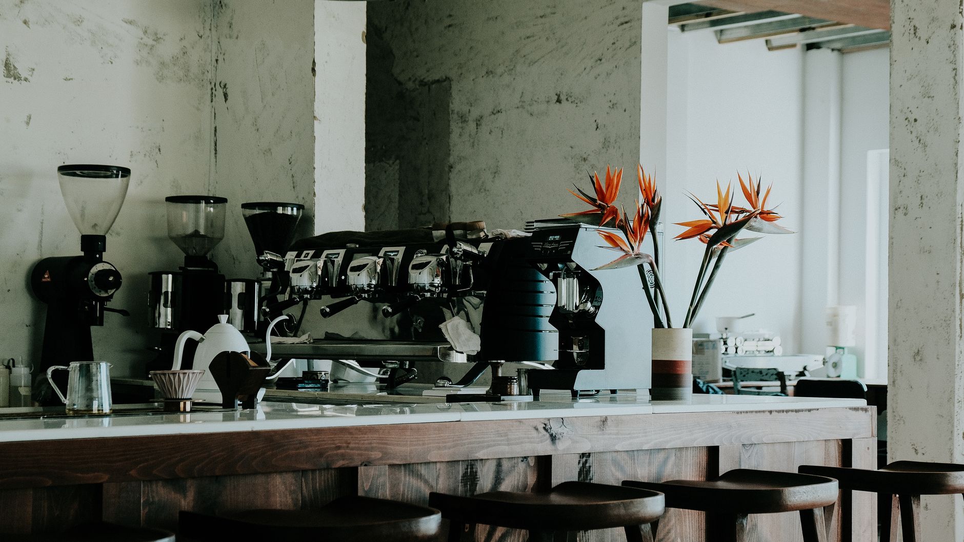 Stylish café interior featuring espresso machine, grinders, and floral decor on a sleek counter.