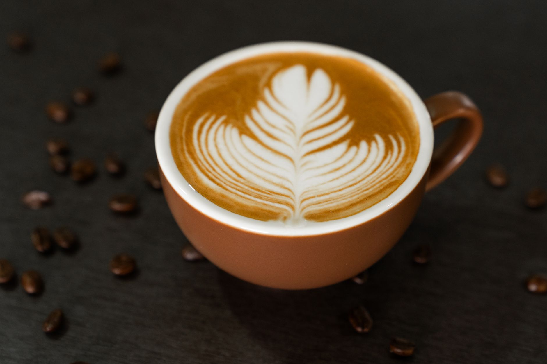 Close-up of a latte with intricate foam art served in a ceramic cup, Pokhara, Nepal.