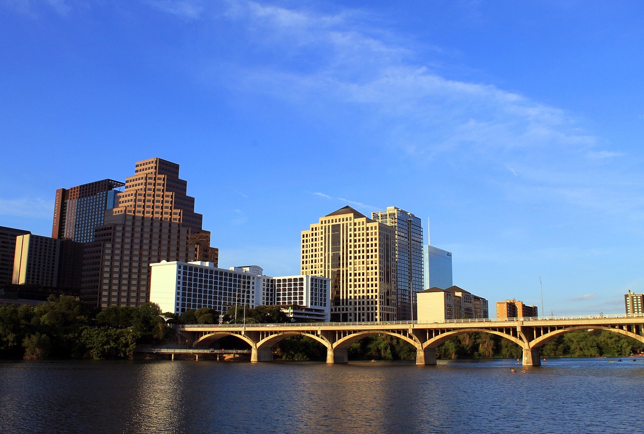 austin, texas, tx, city, skyline, buildings, bridge, lake, nature, lady bird lake, congress avenue bridge, blue bridge, blue lady