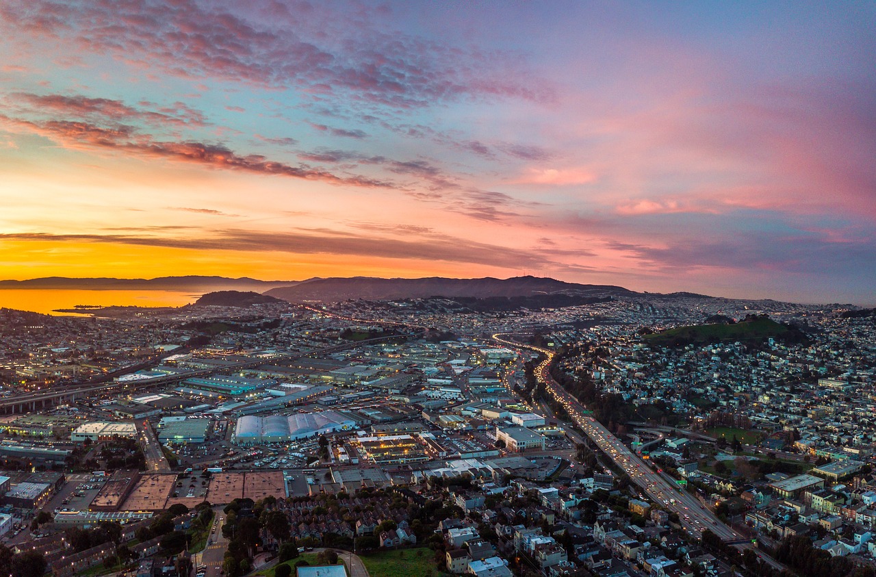 sunrise, city, water, san francisco, sunset, sky, clouds, nature, skyscape, bay, landscape, california, cityscape, skyline, aerial view, bird's eye view, drone photography