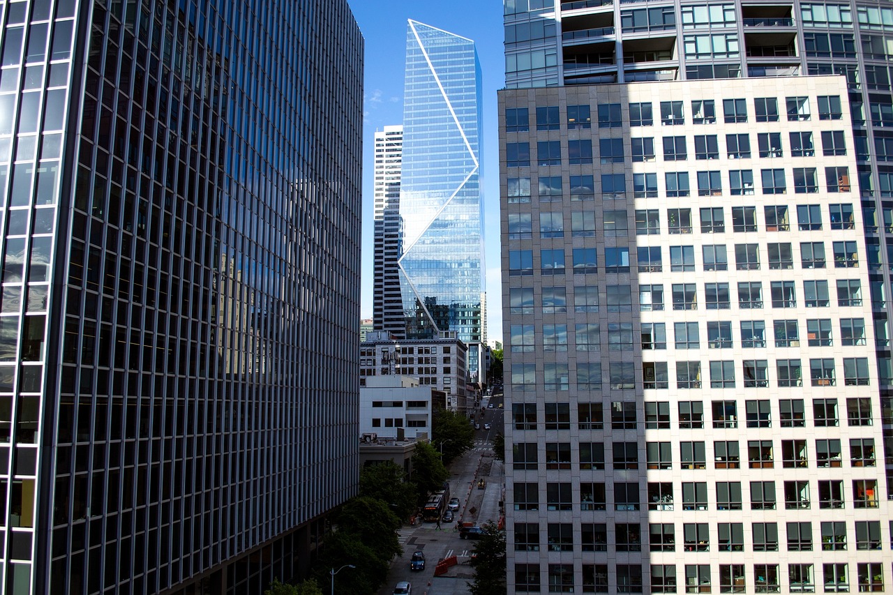 skyscraper, glass, reflection, building, city, f5 tower, seattle, wa, usa, downtown, skyline, architecture, urban, buildings, modern, landmark, washington