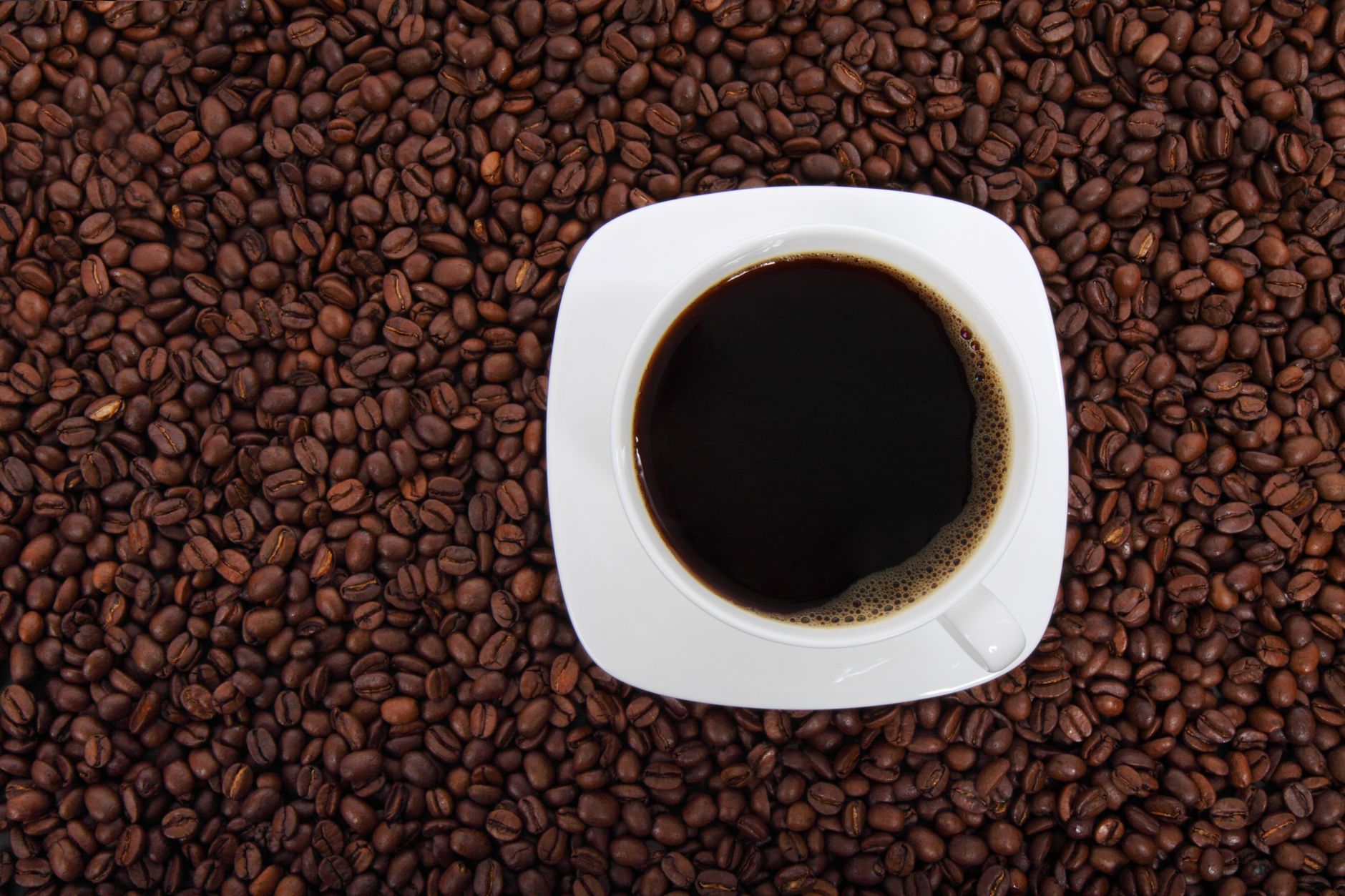 A fresh cup of black coffee in a white saucer set against a rich bed of coffee beans.