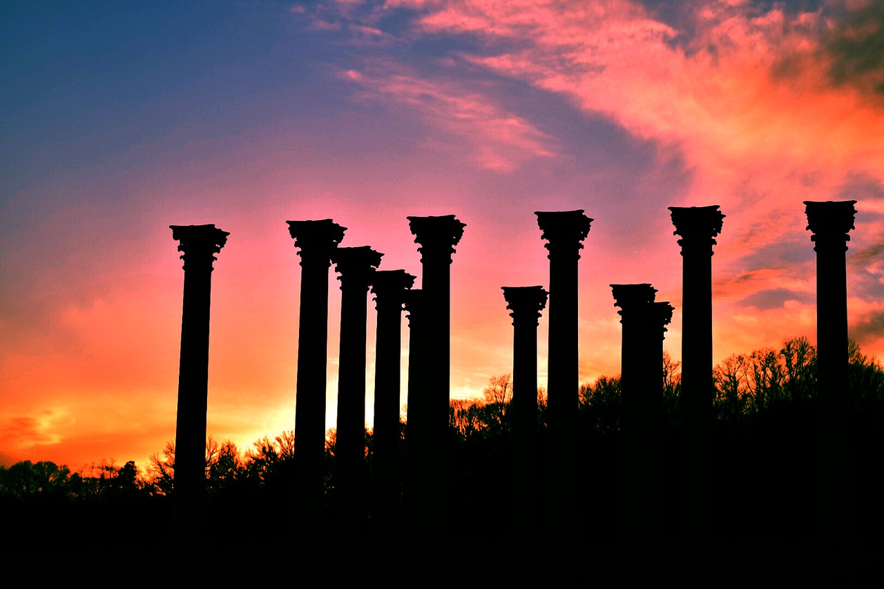 arboretum, sunset, dc, nature, washington, columns, greek, parthenon