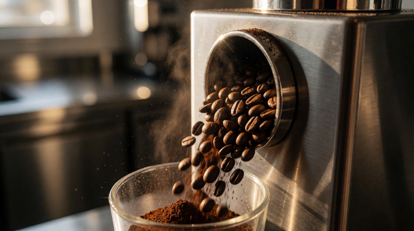 Fresh coffee beans being ground in a modern bean-to-cup machine