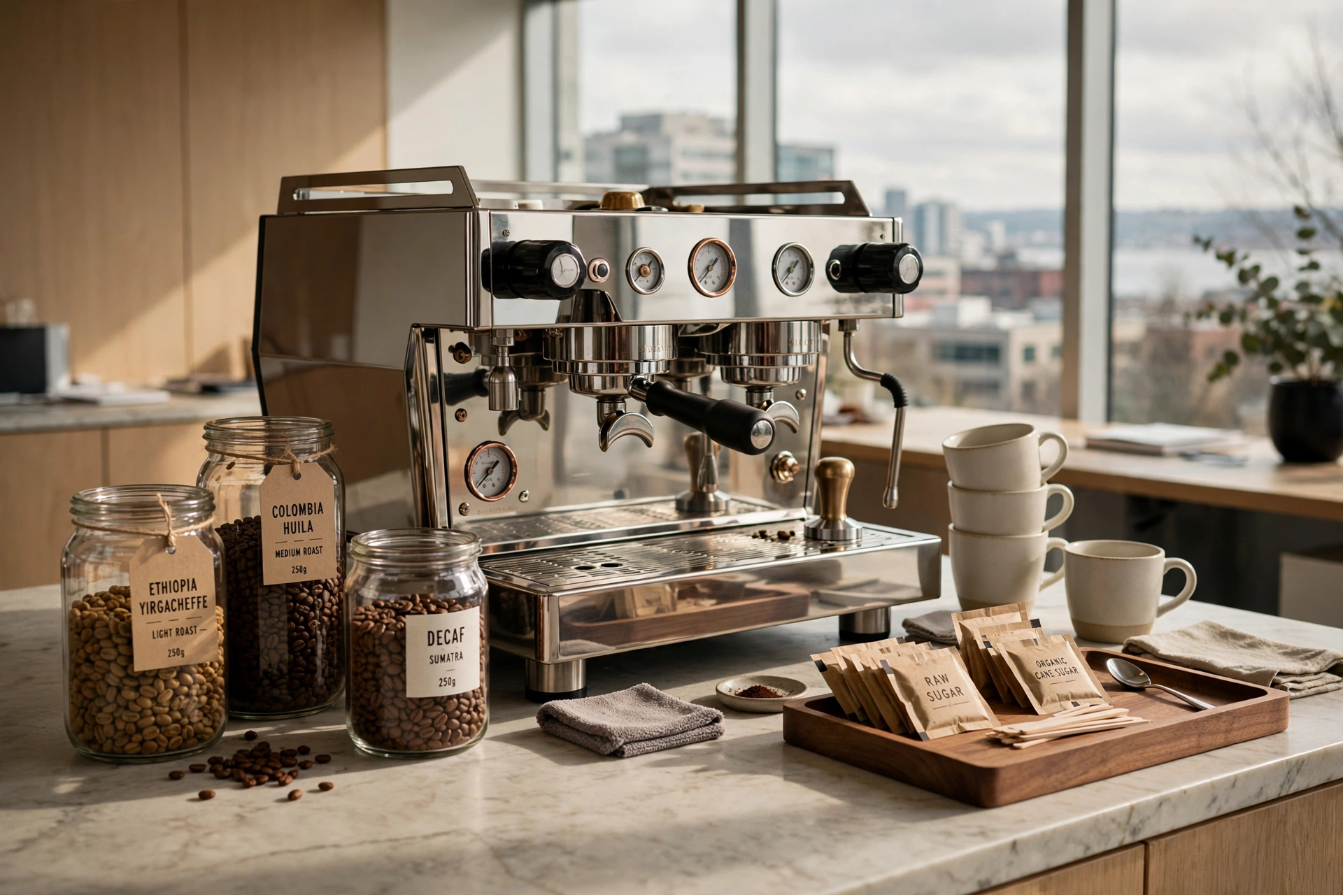 High-end corporate coffee station in a modern Seattle office environment