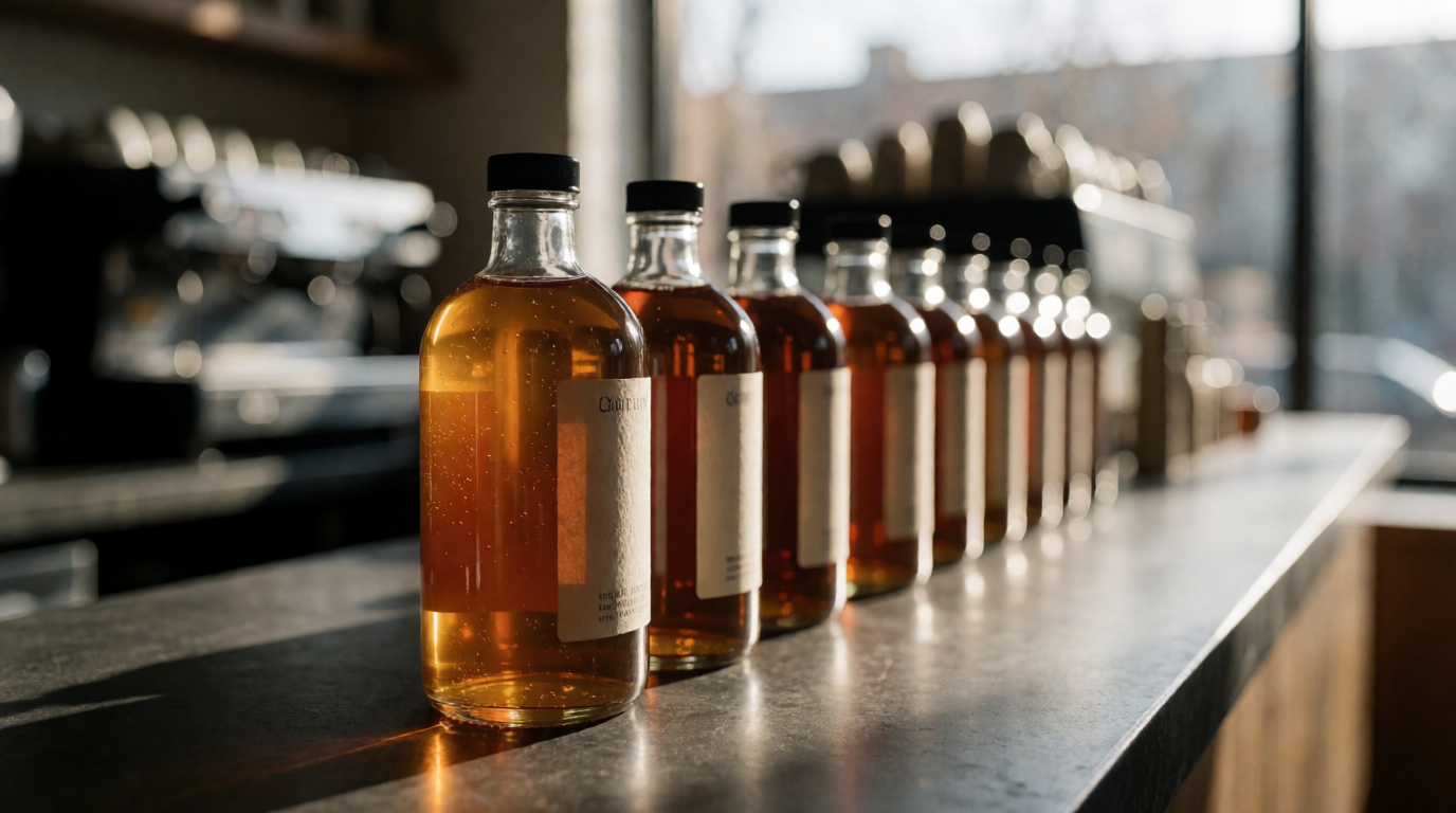 Coffee syrups in glass bottles arranged on a commercial countertop