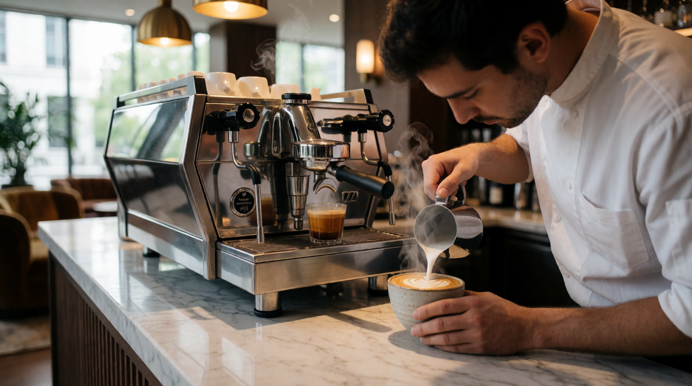Upscale hotel coffee service station with espresso machine